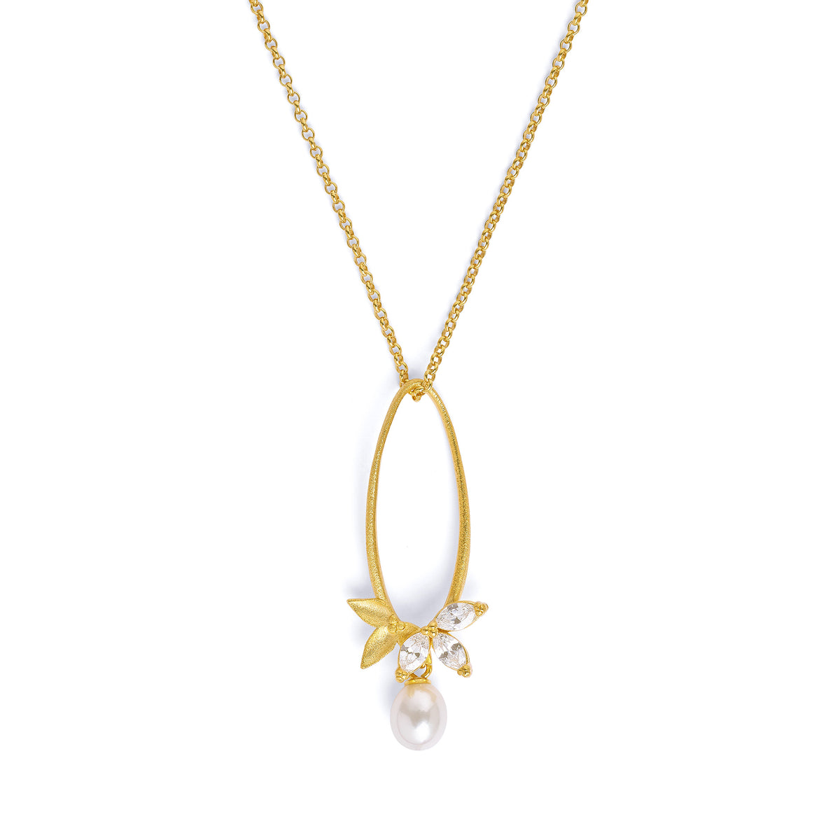 Kette mit Anhänger Navini von BERND WOLF aus 24-Karat-goldplattiertem Sterlingsilber mit Süßwasserperle, Designlinie Leaves.